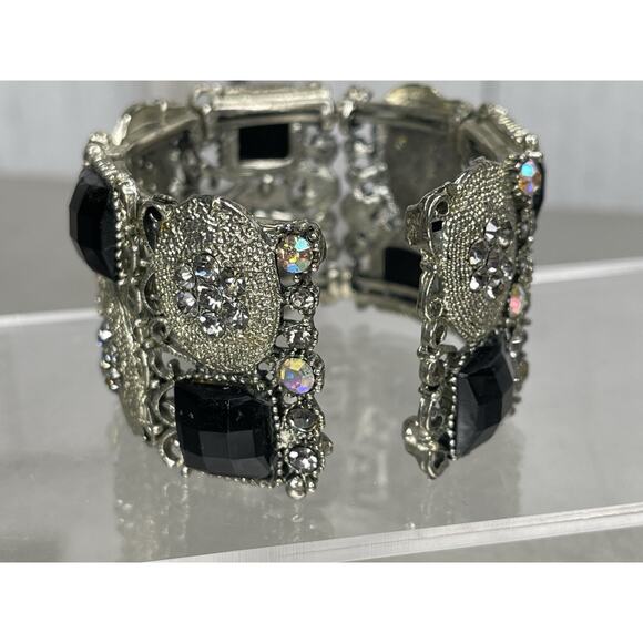 Silver Tone Flexible Metal Boho Wide Gothic Cuff Bracelet Rhinestones - Picture 4 of 5